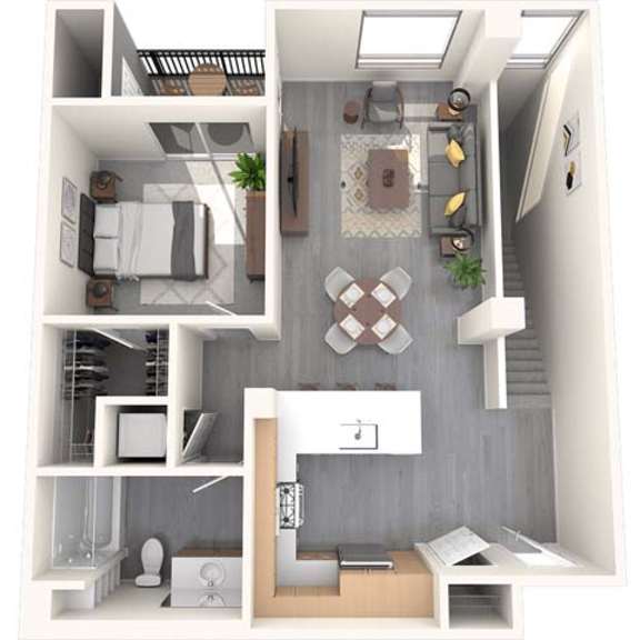 Thumbnail 1 of 2 A 3D floor plan of a small apartment with a kitchen, living room, and bathroom.