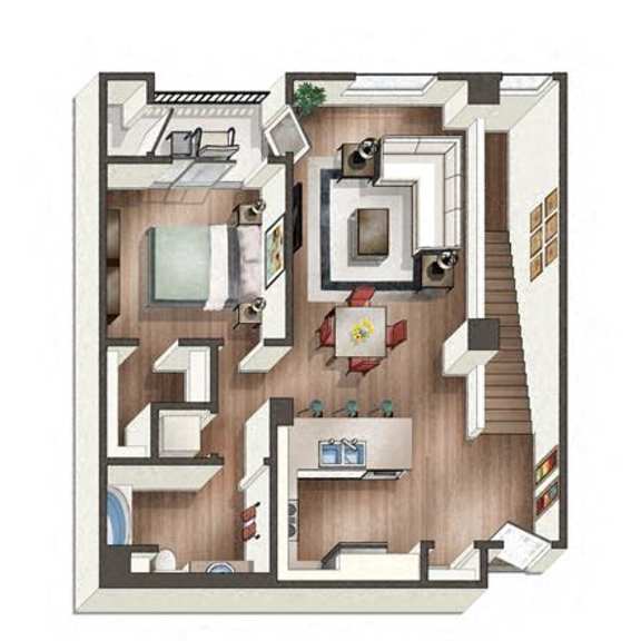 Thumbnail 2 of 2 A drawing of a house with a kitchen, living room, and bathroom.