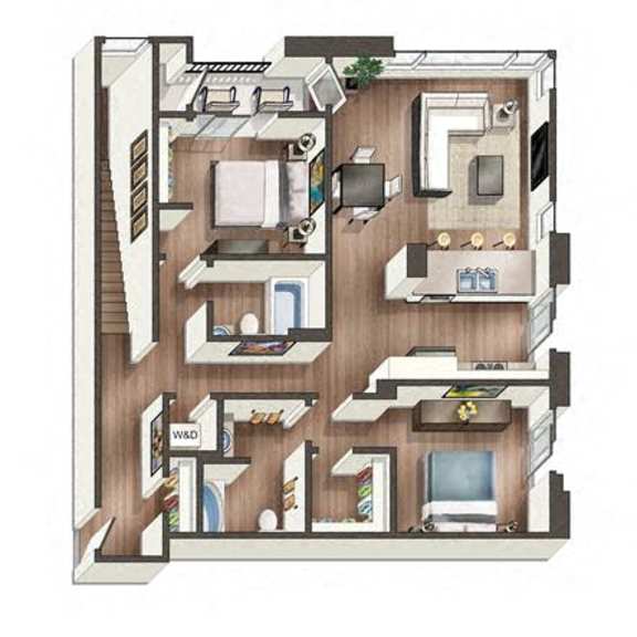 Thumbnail 2 of 3 A floor plan of a house with a kitchen, living room, and two bedrooms.