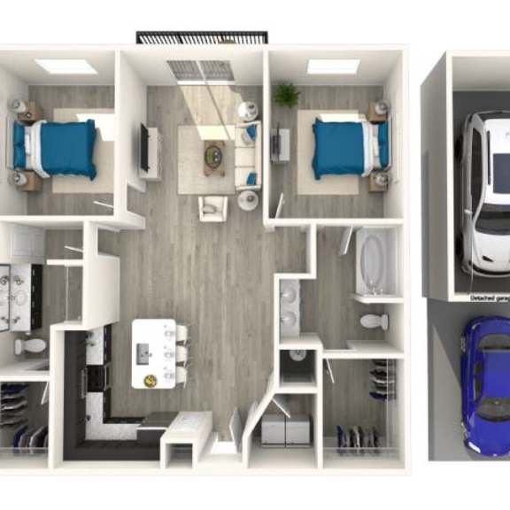 Thumbnail 1 of 2 a 3 bedroom floor plan is shown in this rendering