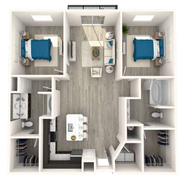 Thumbnail 2 of 2 A top-down view of a small, modern apartment with two bedrooms, a living area, and a kitchen.
