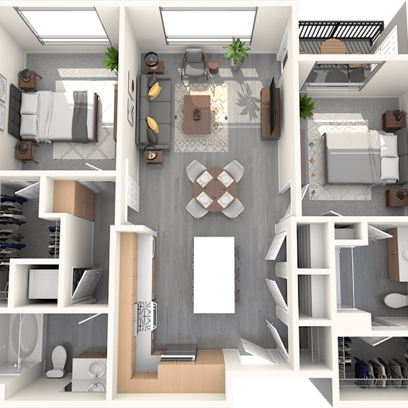 Thumbnail 3 of 3 A 3D floor plan of a house showing a kitchen, living room, dining room, and bedrooms.