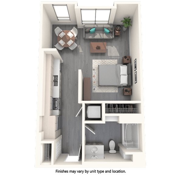 Thumbnail 1 of 2 A 3D floor plan of a small apartment with a kitchen, living room, and bathroom.
