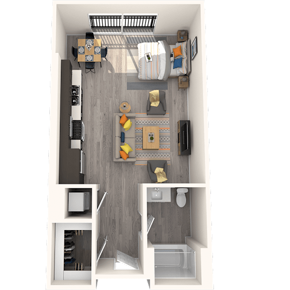 Thumbnail 2 of 2 A top-down view of a small apartment with a kitchen, living room, and bathroom.