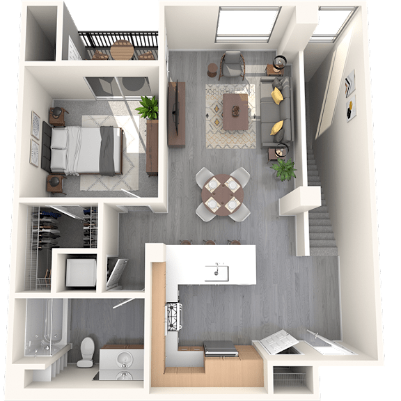 Thumbnail 3 of 3 A 3D rendered image of a modern apartment layout.