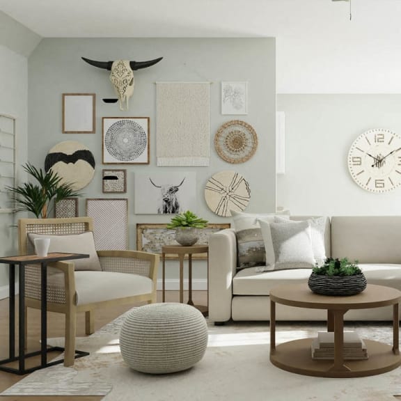 a living room with furniture and a wall of clocks