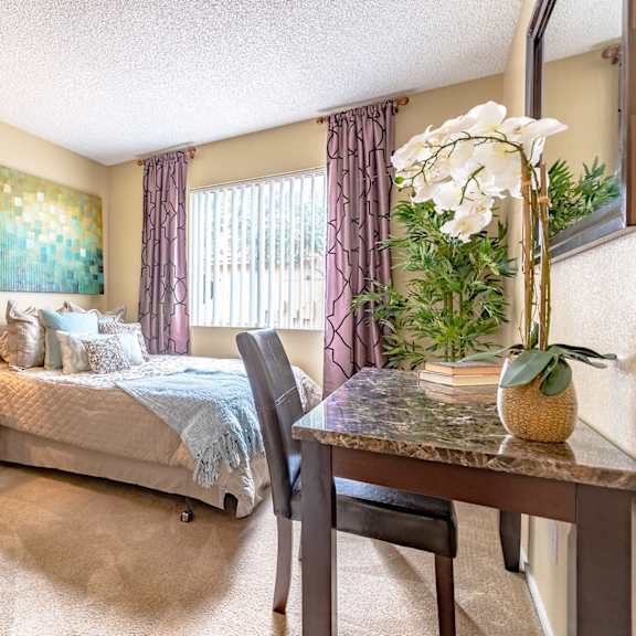 interior bedroom bed night stand at playa vista apartments, pacifica sd management, las vegas, nv