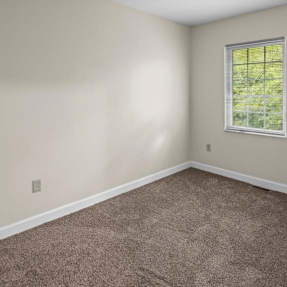 a room with a carpeted floor and a window showing greenery outside.