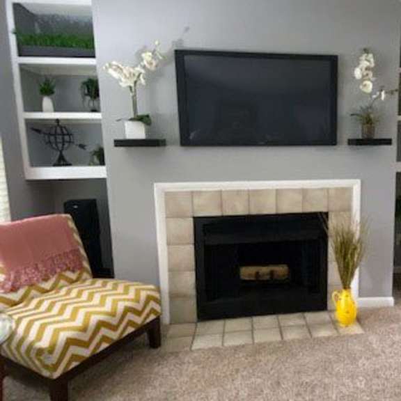 fireplace in living room at laurel oaks, raleigh, north carolina