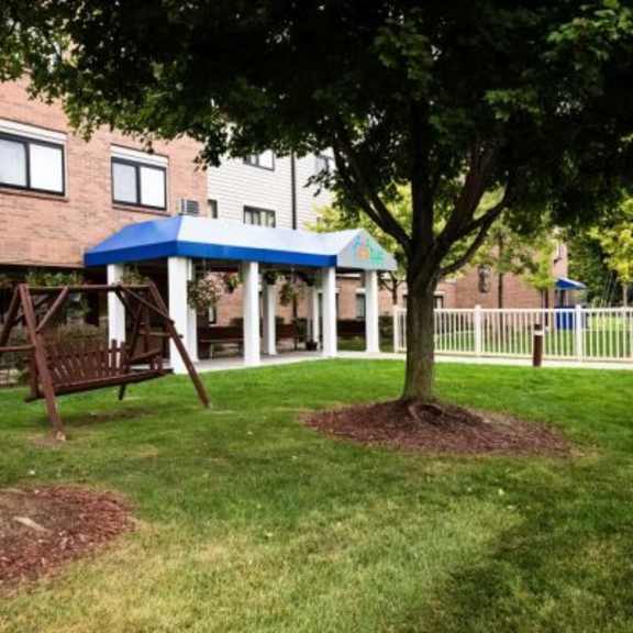a tree with a swing set in front of a building.