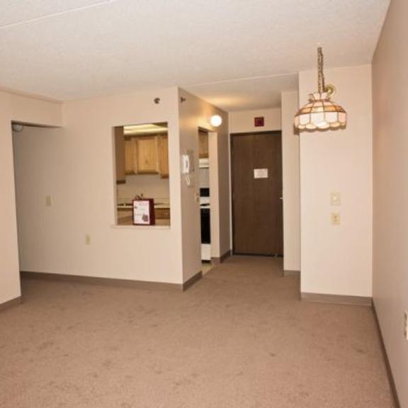 a room with a brown door and a chandelier hanging from the ceiling.