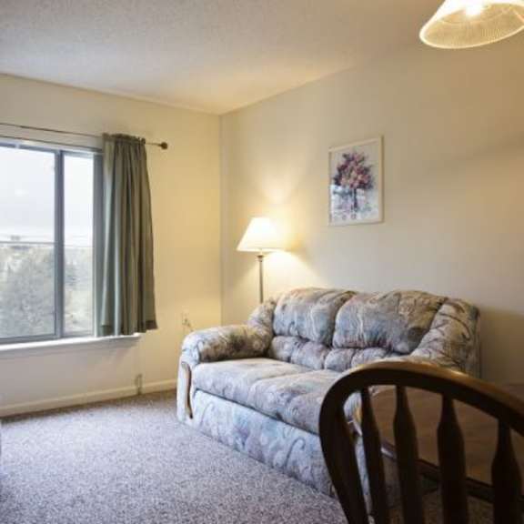 a living room with a grey couch, a chair, and a window with curtains.