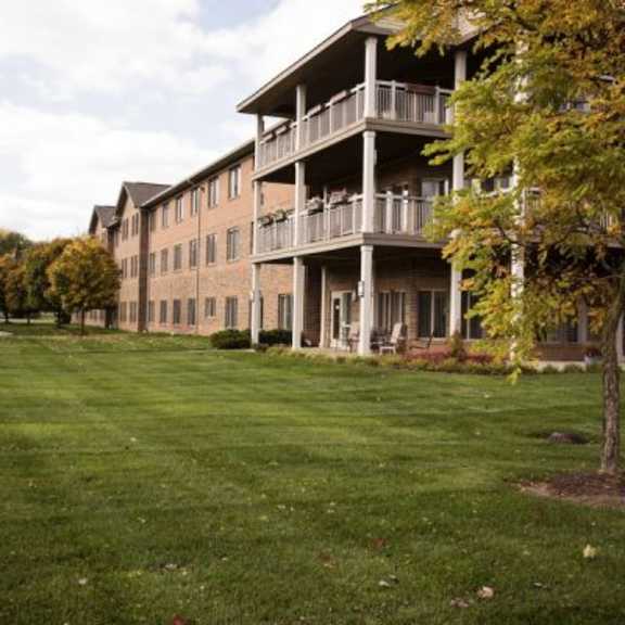 a tree is planted in a grassy area in front of a building.