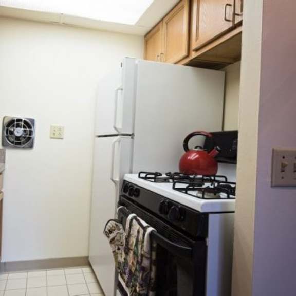 a kitchen with a stove and a refrigerator.