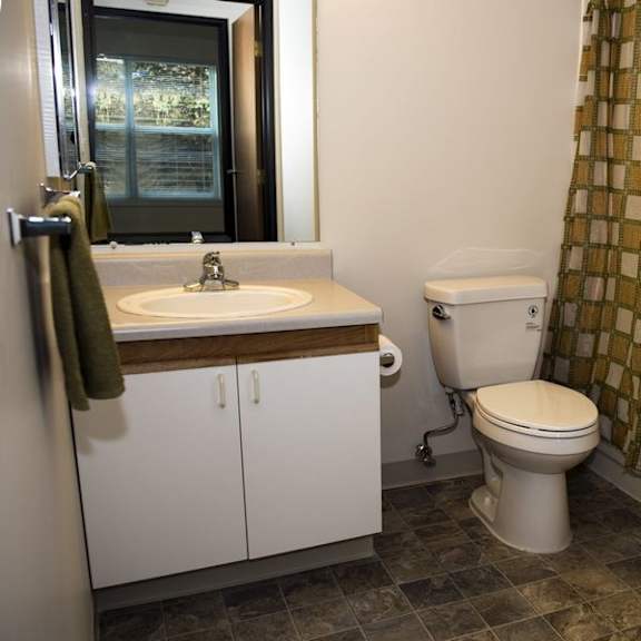 a bathroom with a toilet, sink, and cabinets.