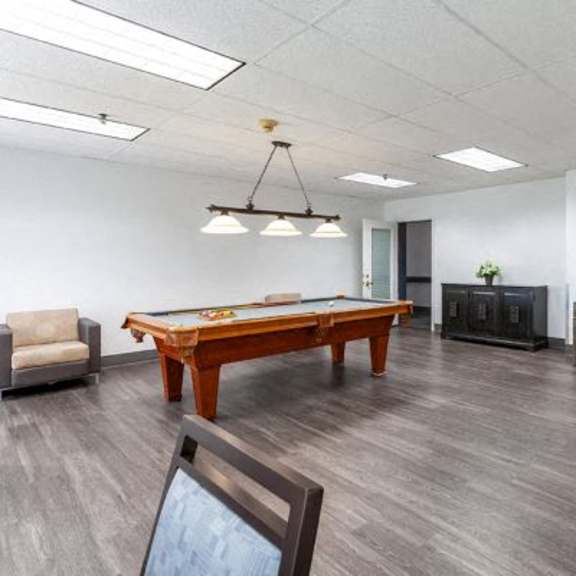 a room with a pool table, couches, and a television.