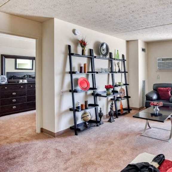 a living room with a black couch, a red chair, and a black shelf with various objects on it.