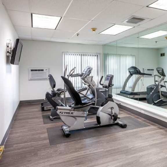 a gym with treadmills and exercise bikes.