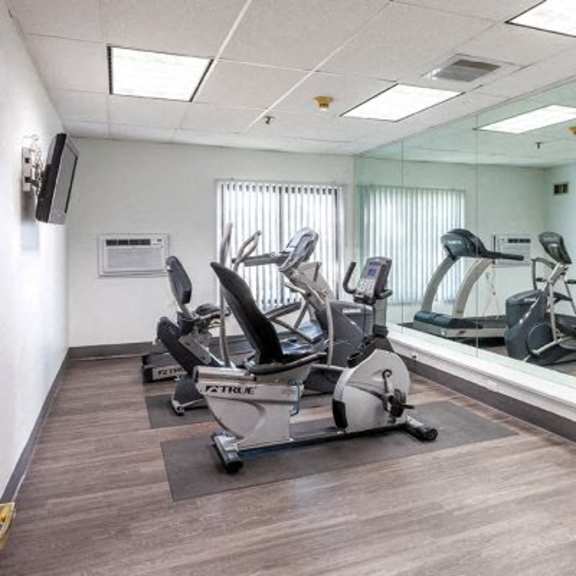a gym with treadmills and exercise bikes.