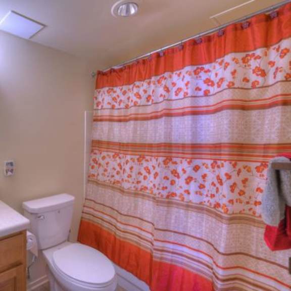 a bathroom with a toilet, sink, and shower curtain.