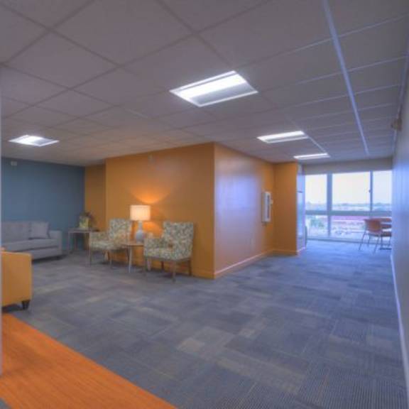 a spacious office room with a blue wall and a grey carpet.