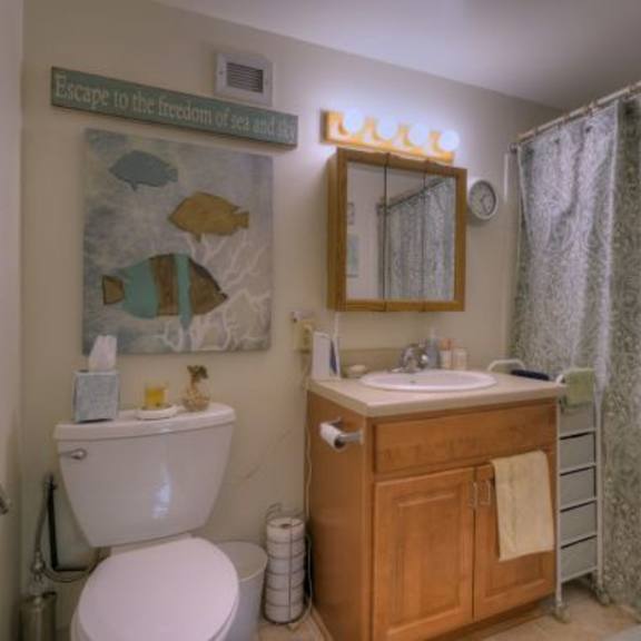 a bathroom with a white toilet and a wooden cabinet.