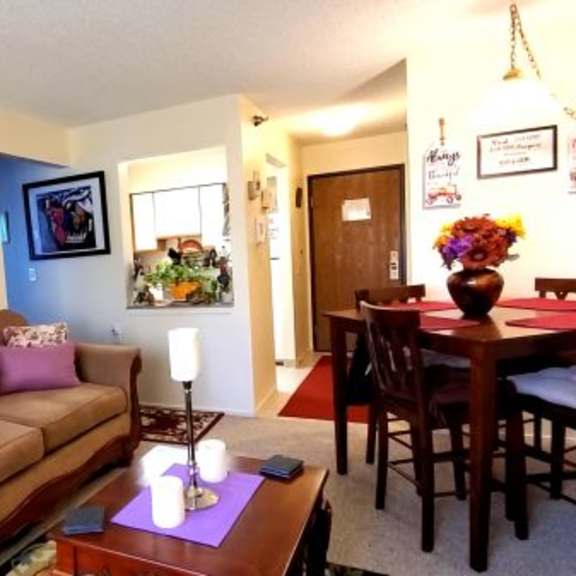 a living room with a brown couch and a dining table.