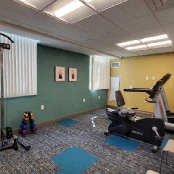 a gym with a variety of equipment including a treadmill, weights, and a bench press.