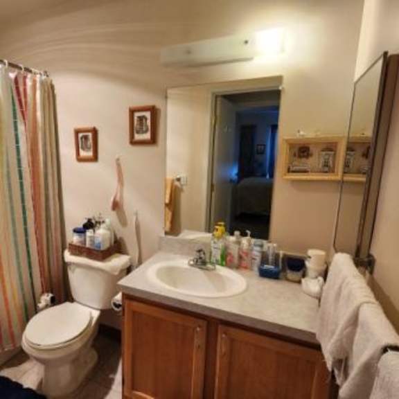 a bathroom with a toilet, sink, and shower.