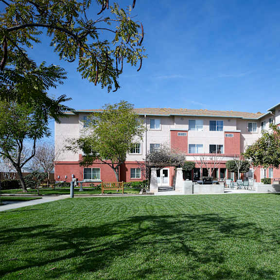 a large grassy area in front of a building with trees and benches.