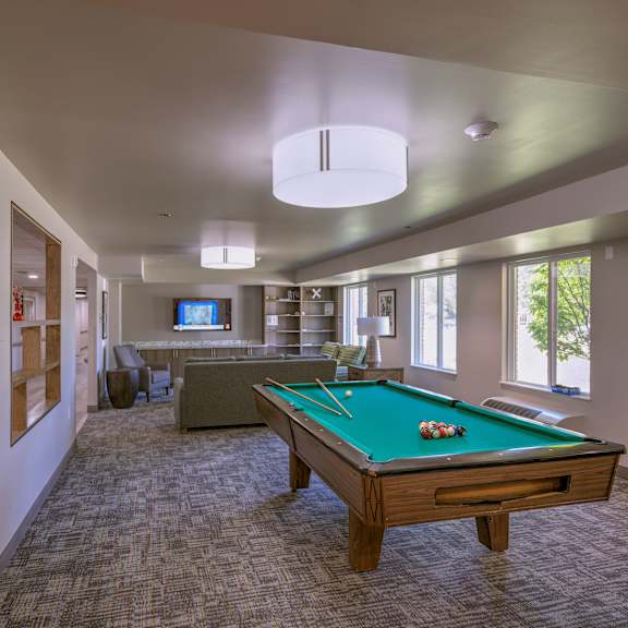 a pool table is in the middle of a room with a tv and a couch.