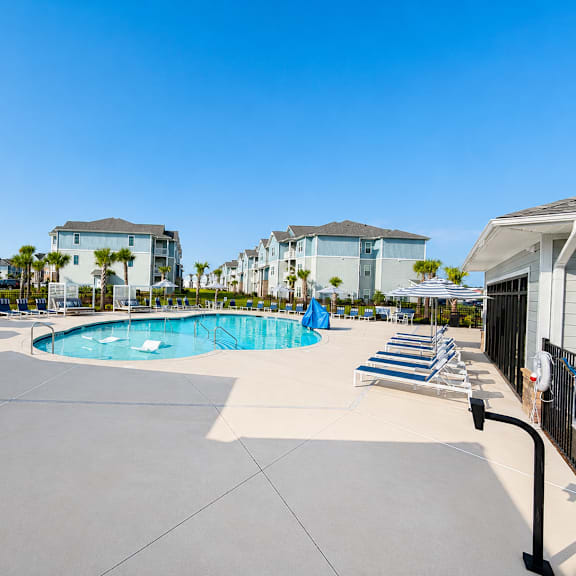 a swimming pool surrounded by lounge chairs and palm trees.