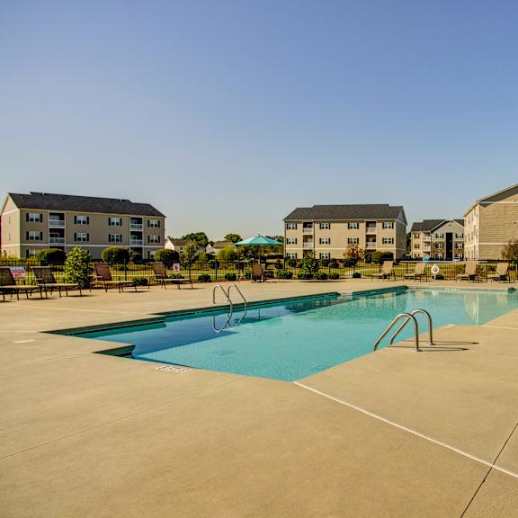 a large swimming pool in a sunny outdoor setting.