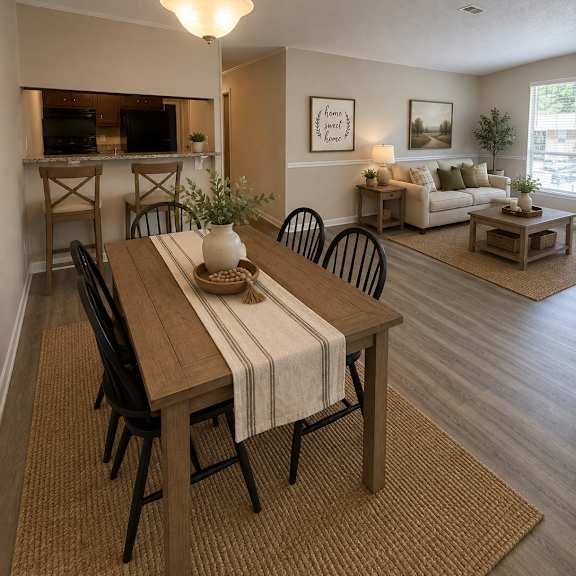 a dining room with a wooden table and chairs.