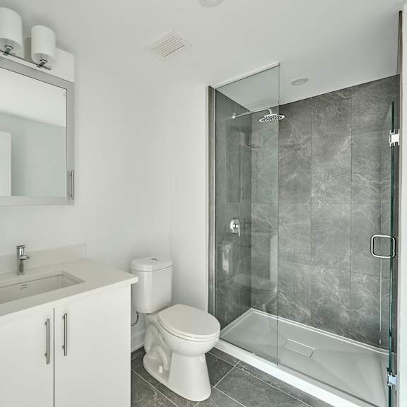 a white bathroom with a shower toilet and sink