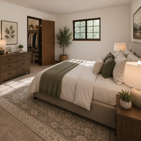 a bedroom with a large bed, a chair, a dresser, and a mirror.