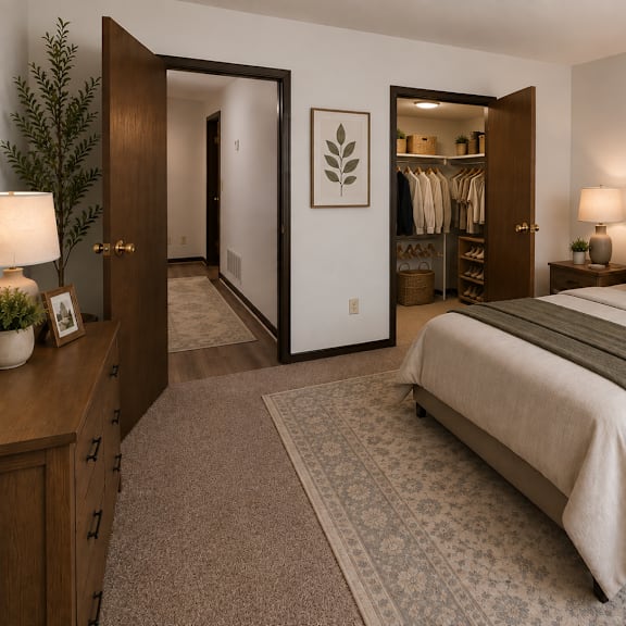 a bedroom with a large bed, a wooden dresser, and a painting on the wall.