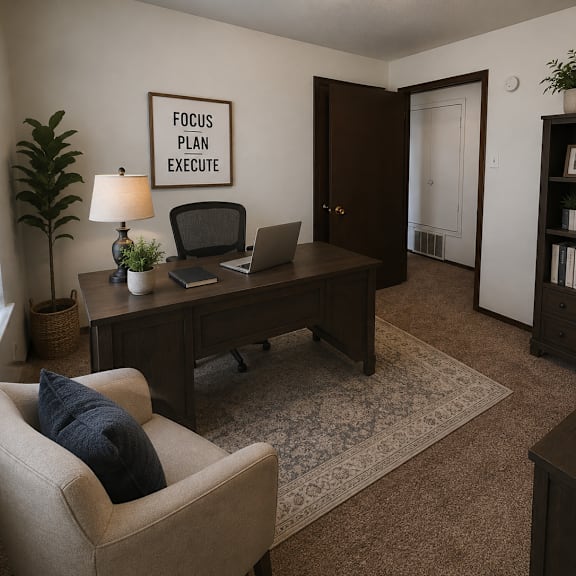 a room with a desk, chair, and a framed poster that says "work hard play hard".