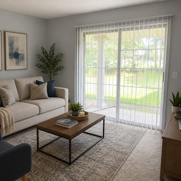 a living room with a sofa, chair, and a coffee table.