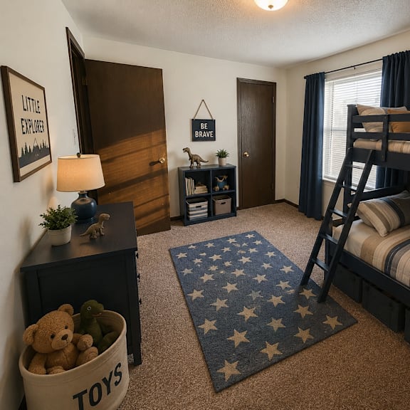 a room with a bunk bed, a dresser, a nightstand, and a rug with stars on it.