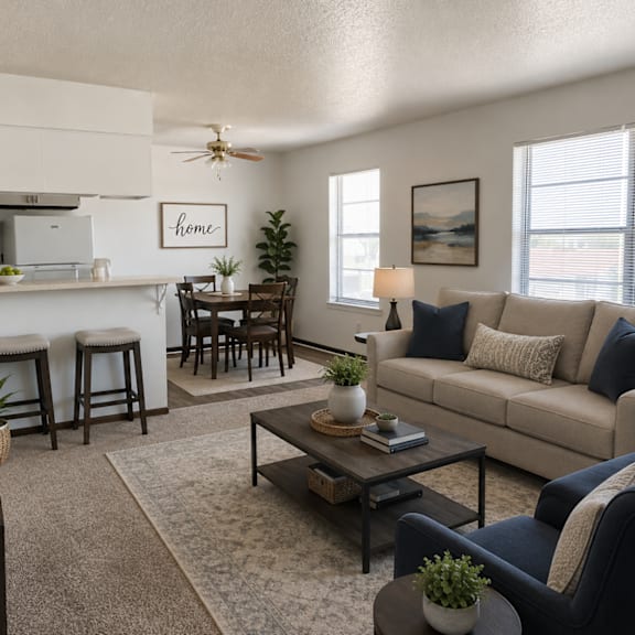 a living room with a couch, chairs, and a coffee table.