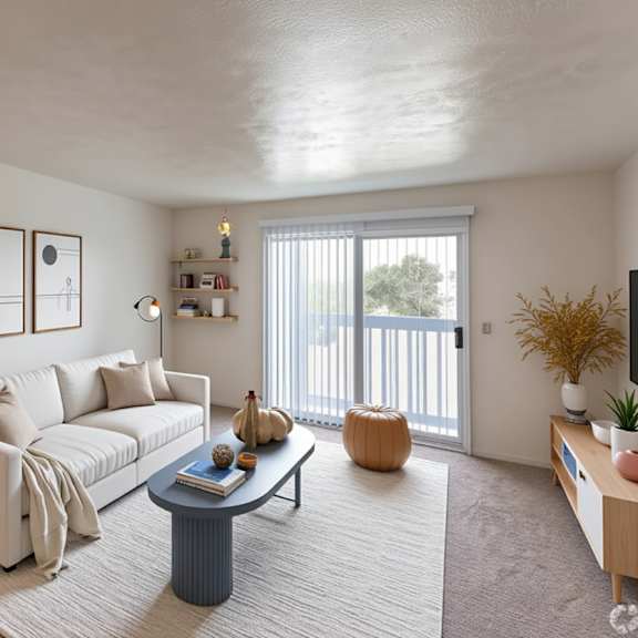 a living room with a white couch and a coffee table.