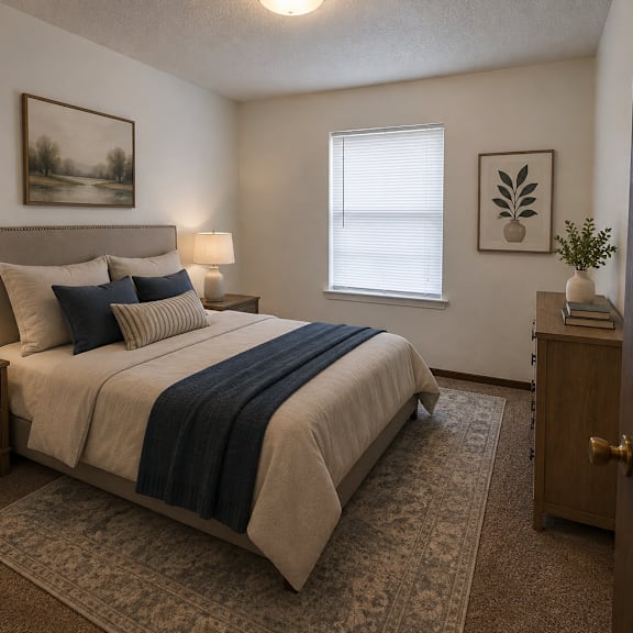 a bedroom with a bed, nightstands, and a window.