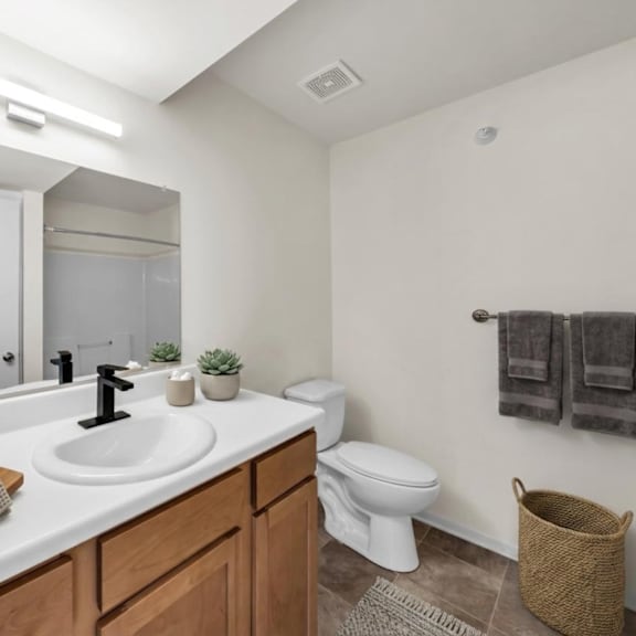 a bathroom with a white sink, toilet, and a mirror.