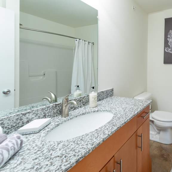 a bathroom with a toilet, sink, and shower.