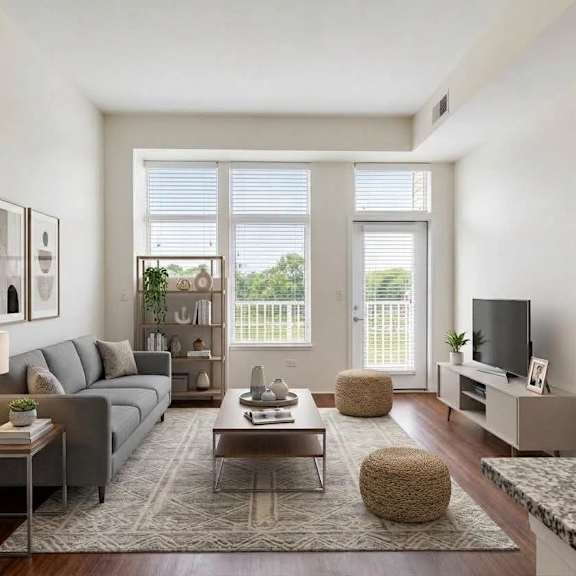a modern living room with a grey sofa, a coffee table, and a television.