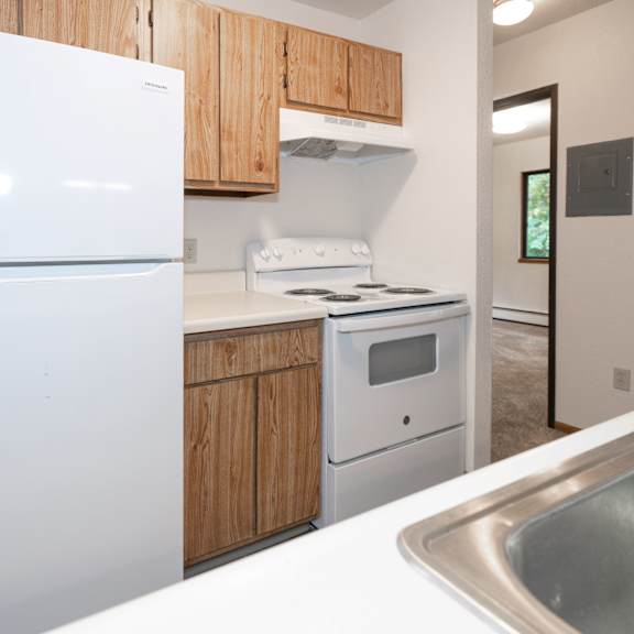 a kitchen with a white stove and refrigerator and a sink