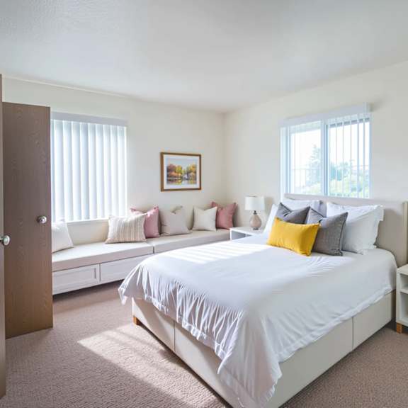 a bedroom with a bed, a couch, and a lamp.