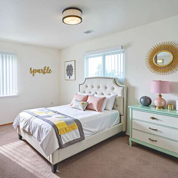 a bedroom with a bed, nightstand, and a mirror on the wall.