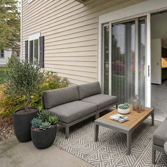 a grey couch sits on a patio with a table and a candle.